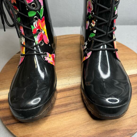 Roma Sadie Robertson Womens Size 9 Black Floral Short Lace Up Rain Boot - Picture 2 of 8